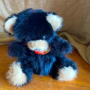 1982 Rare Bear 3rd Generation black & tan mink teddy bear with red ribbon & tag